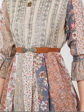 K178 Mixed Floral Patchwork Midi Dress Sz S Denim Embroidered Bodice Pockets NWT